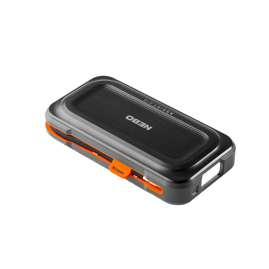 Compact black and gray portable air jump starter with orange accents in automotive and battery tools collections