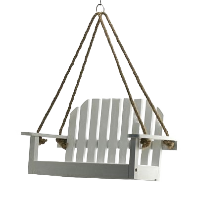 White rustic farmhouse style platform swing feeder with thick hanging ropes for outdoor use