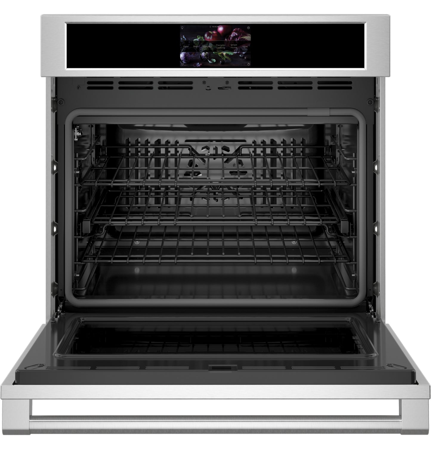 Open stainless steel single wall oven with digital display and multiple wire racks from kitchen appliances collection