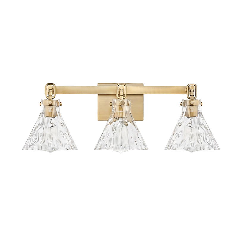 Three-light bathroom vanity fixture in vintage brass with clear textured water glass shades for wall lighting and bath upgrades