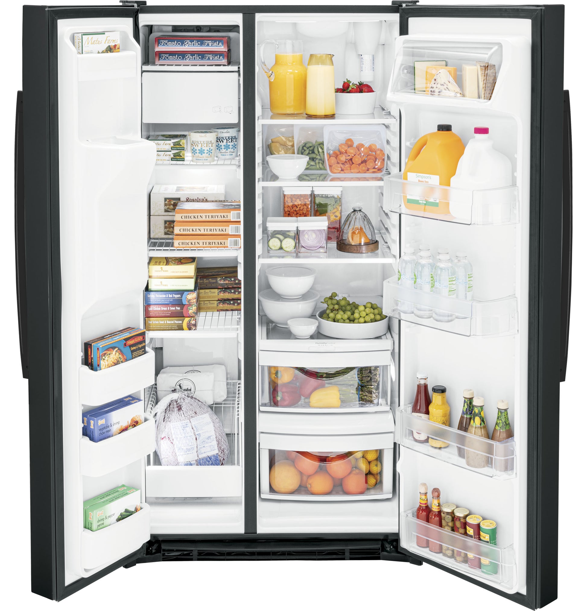 Open black side-by-side refrigerator filled with organized food and beverages in kitchen appliances and refrigerator collection