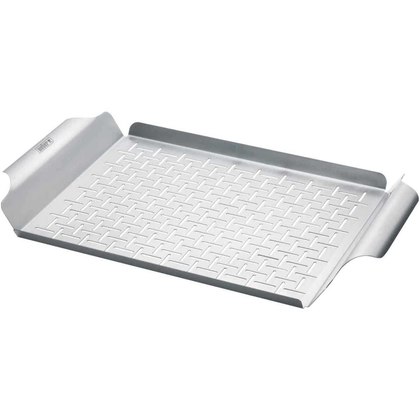 Rectangular stainless steel grill accessory with raised sides and textured surface for even heat distribution