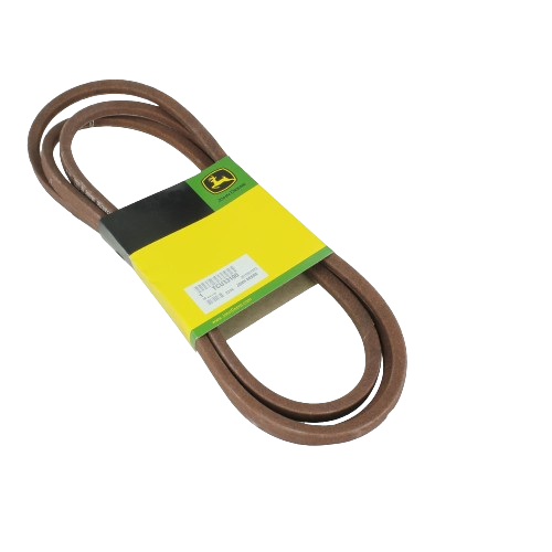 Brown mower deck drive belt with yellow and black John Deere branded packaging for automotive tools and parts
