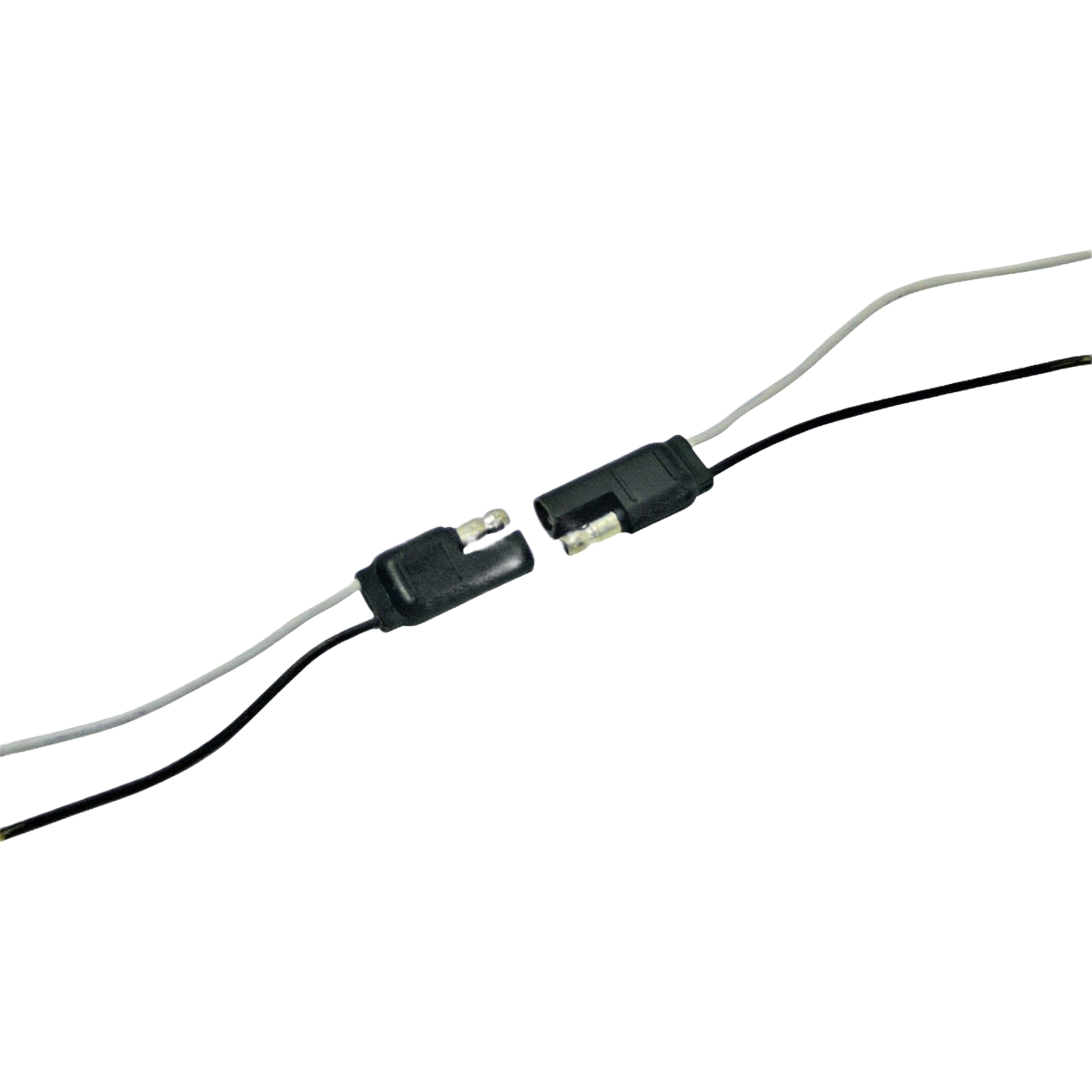 Two black flat extension wire connectors with molded waterproof casings for electrical parts and lubricants.