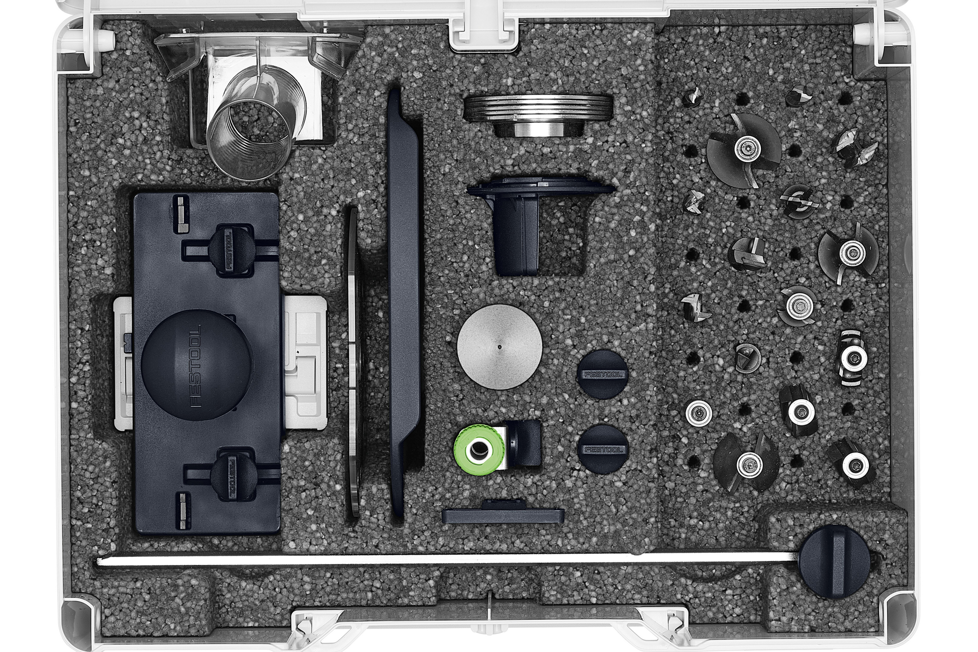 Organized Festool Systainer with routing accessories including guide rail adapters, copy rings, and sub-bases for woodworking tools
