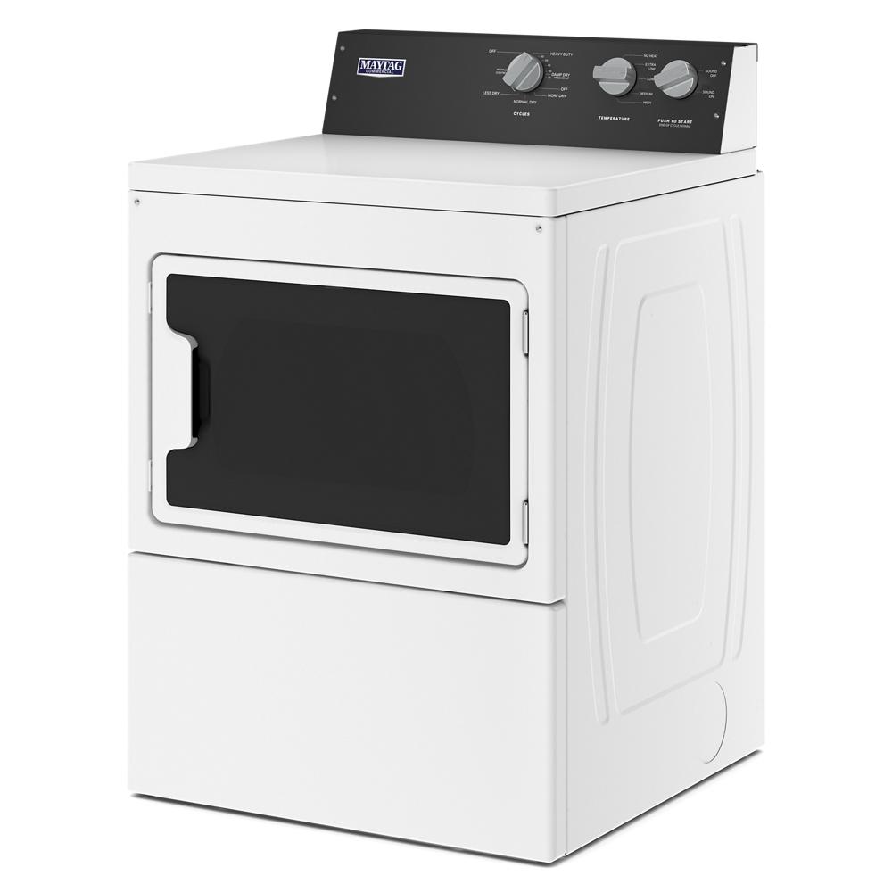 White commercial electric dryer with black windowed door and mechanical control panel in dryers and appliances collections