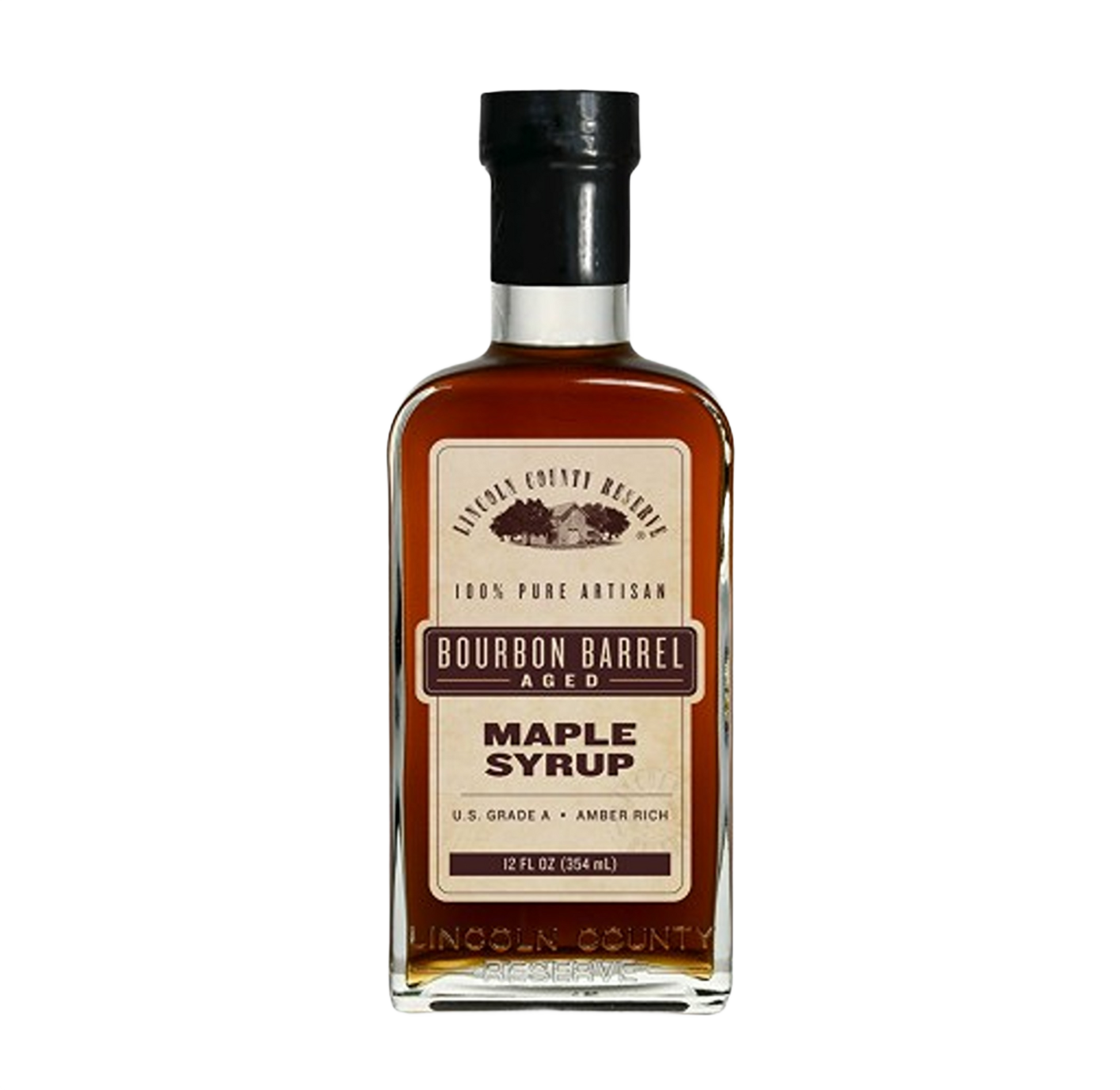 Glass bottle of bourbon barrel aged maple syrup with amber rich liquid and black cap for gourmet use