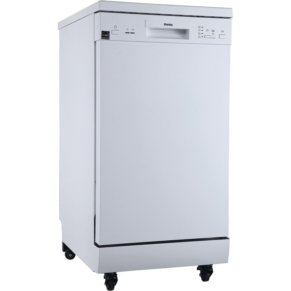 Compact white portable dishwasher with digital controls, caster wheels, and stainless steel interior in kitchen appliances collection