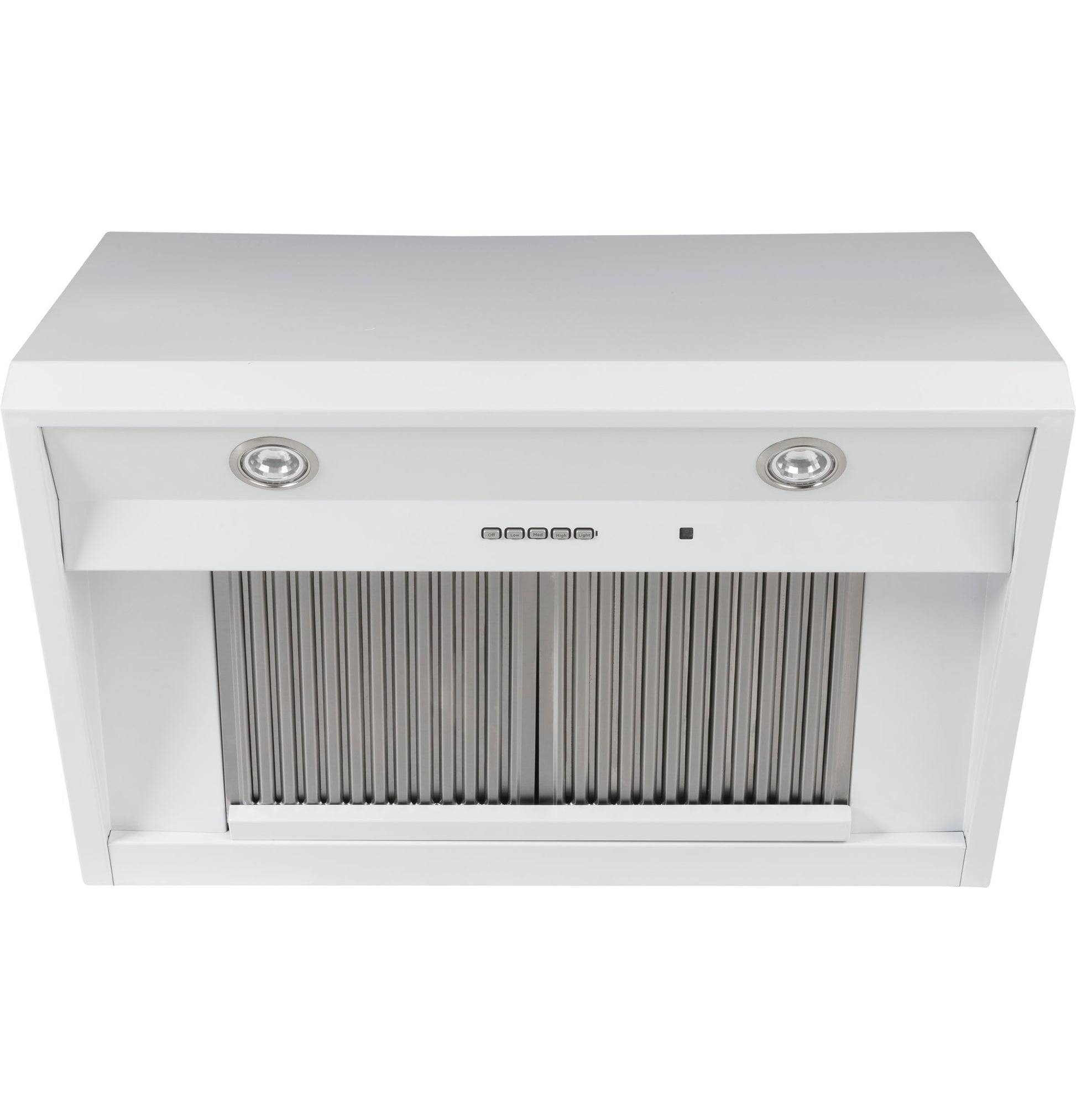 White commercial under-cabinet range hood with stainless steel filters and built-in lighting for kitchen appliances
