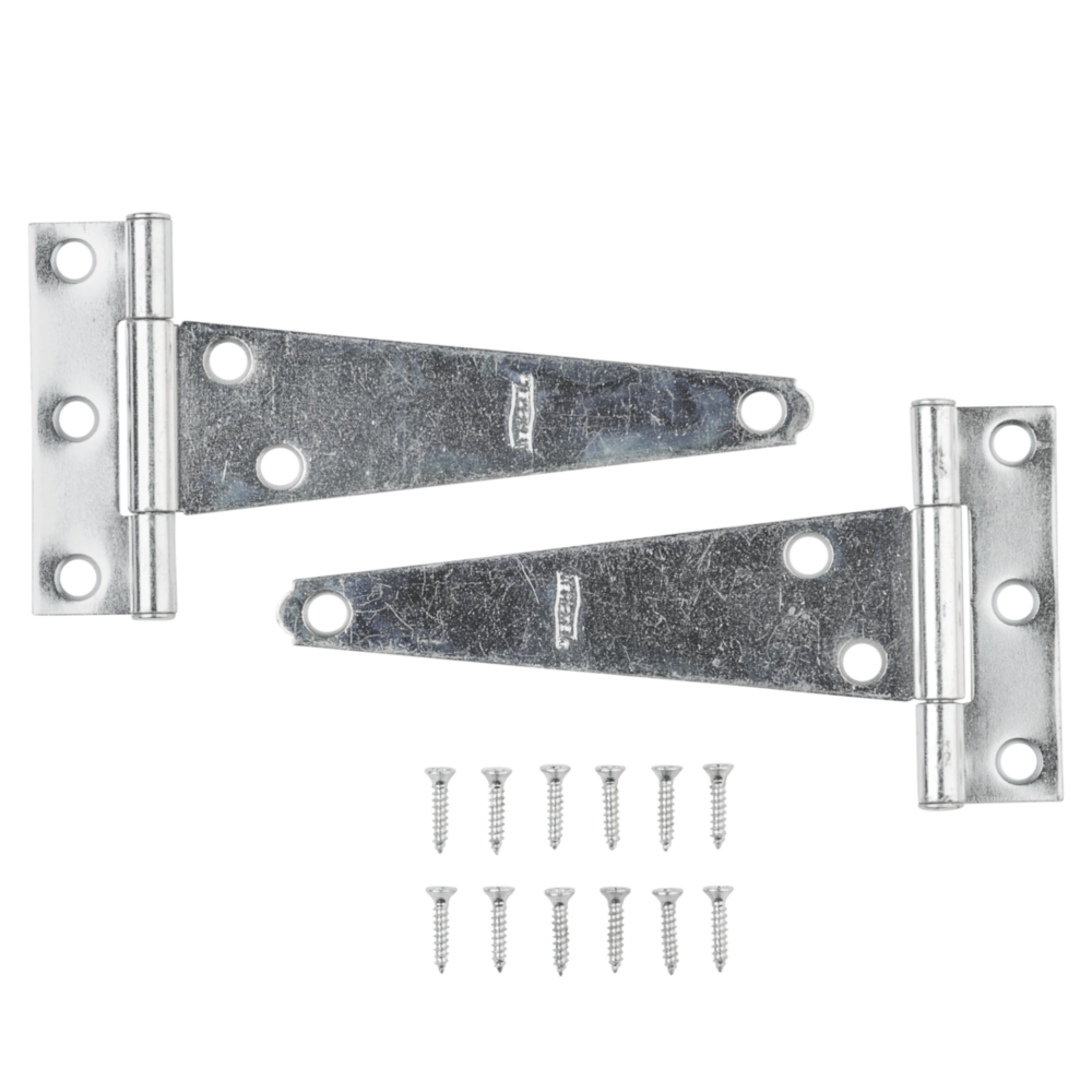 Pair of zinc plated 5-inch light duty T-hinges with screws for door hardware in home improvement projects under $50