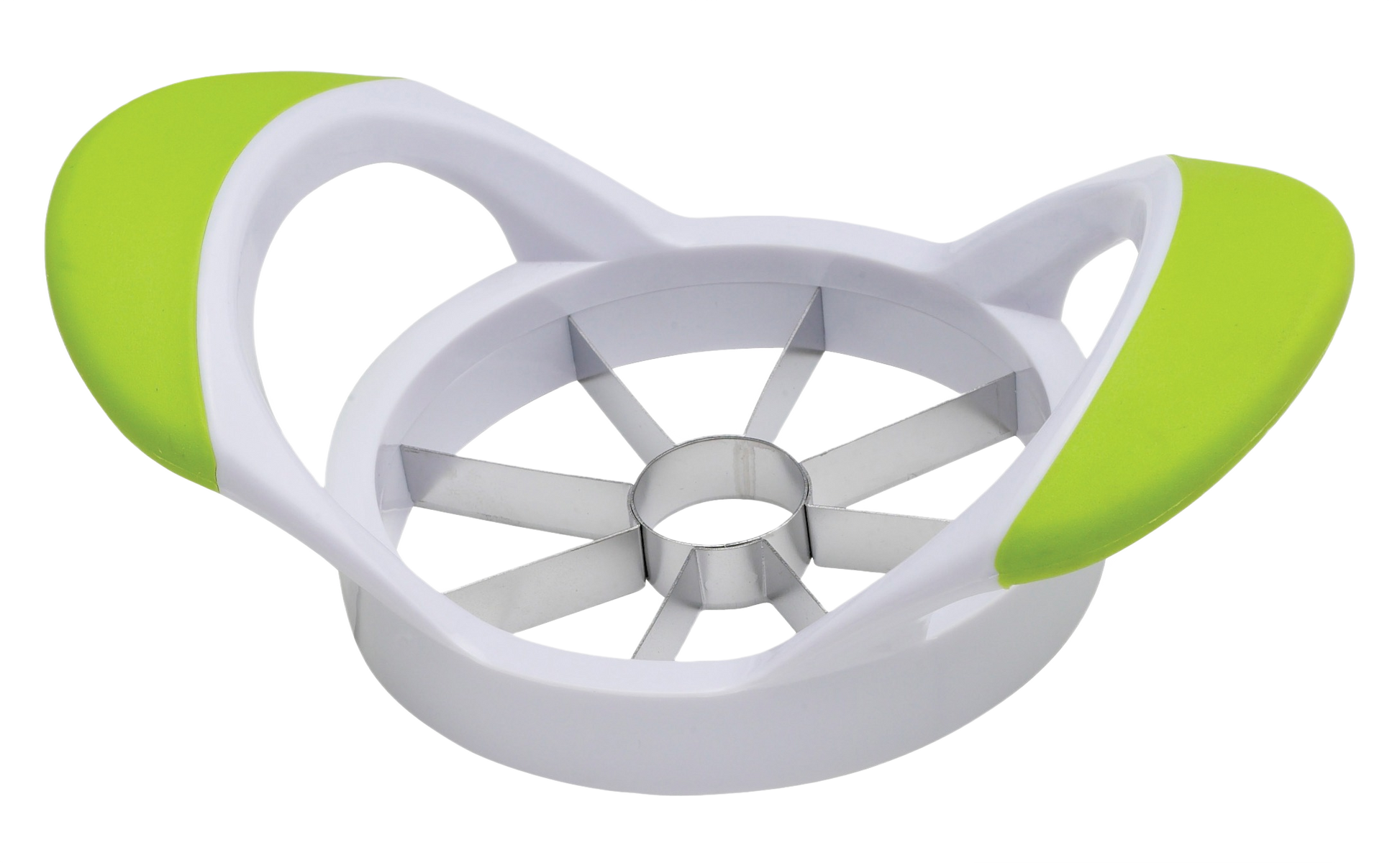 Apple corer with stainless steel blades and green silicone handles, part of kitchen gadgets and kitchenware collections