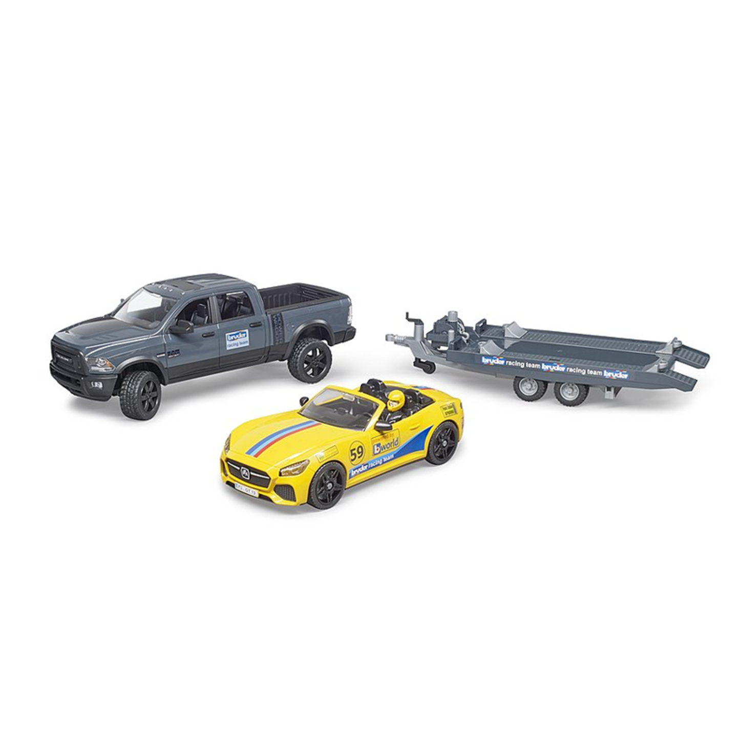 Gray pickup toy truck with flatbed trailer carrying yellow racing convertible in Vehicles & Remote Controlled Toys collection