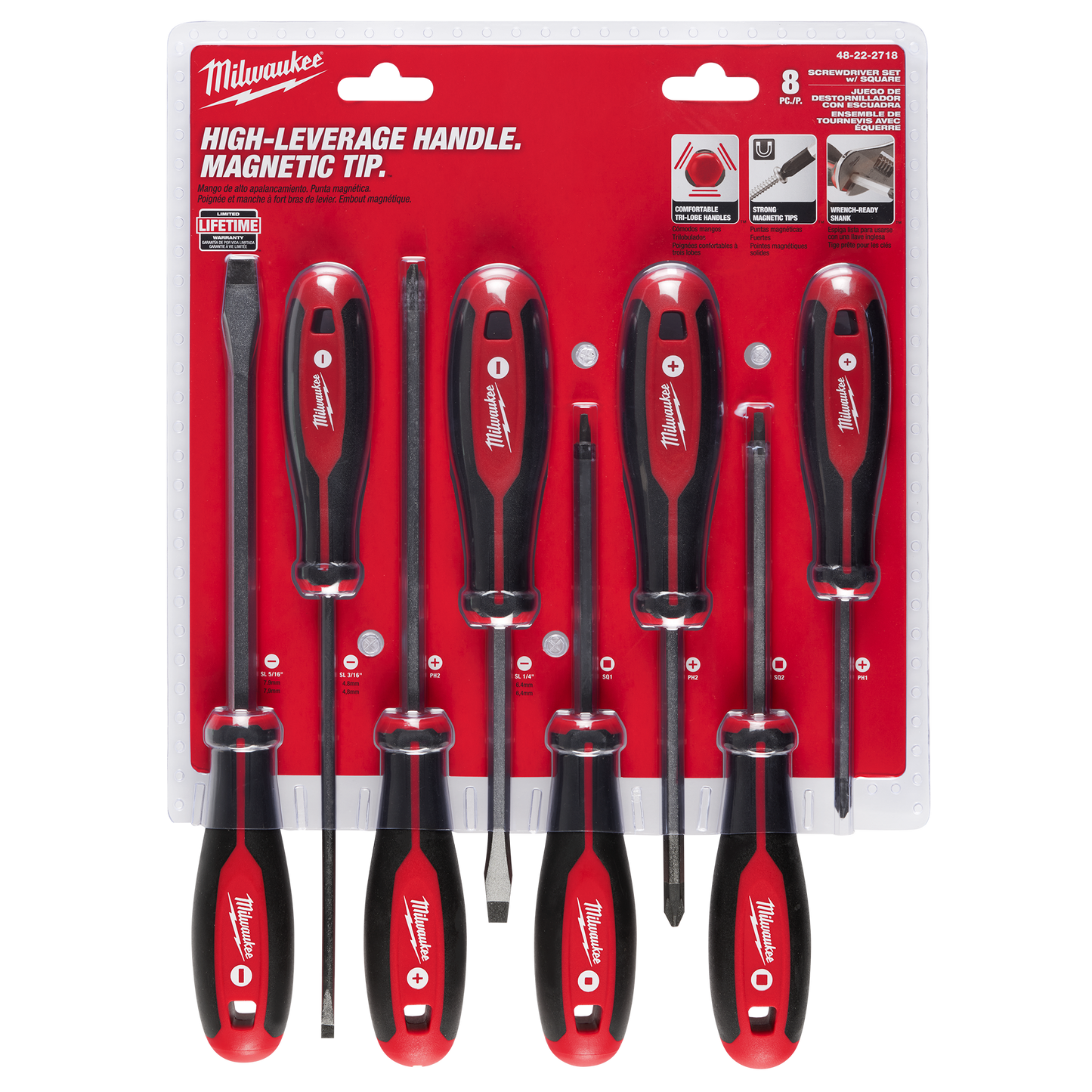 Set of eight red and black screwdrivers with magnetic tips and high-leverage handles for home improvement tasks