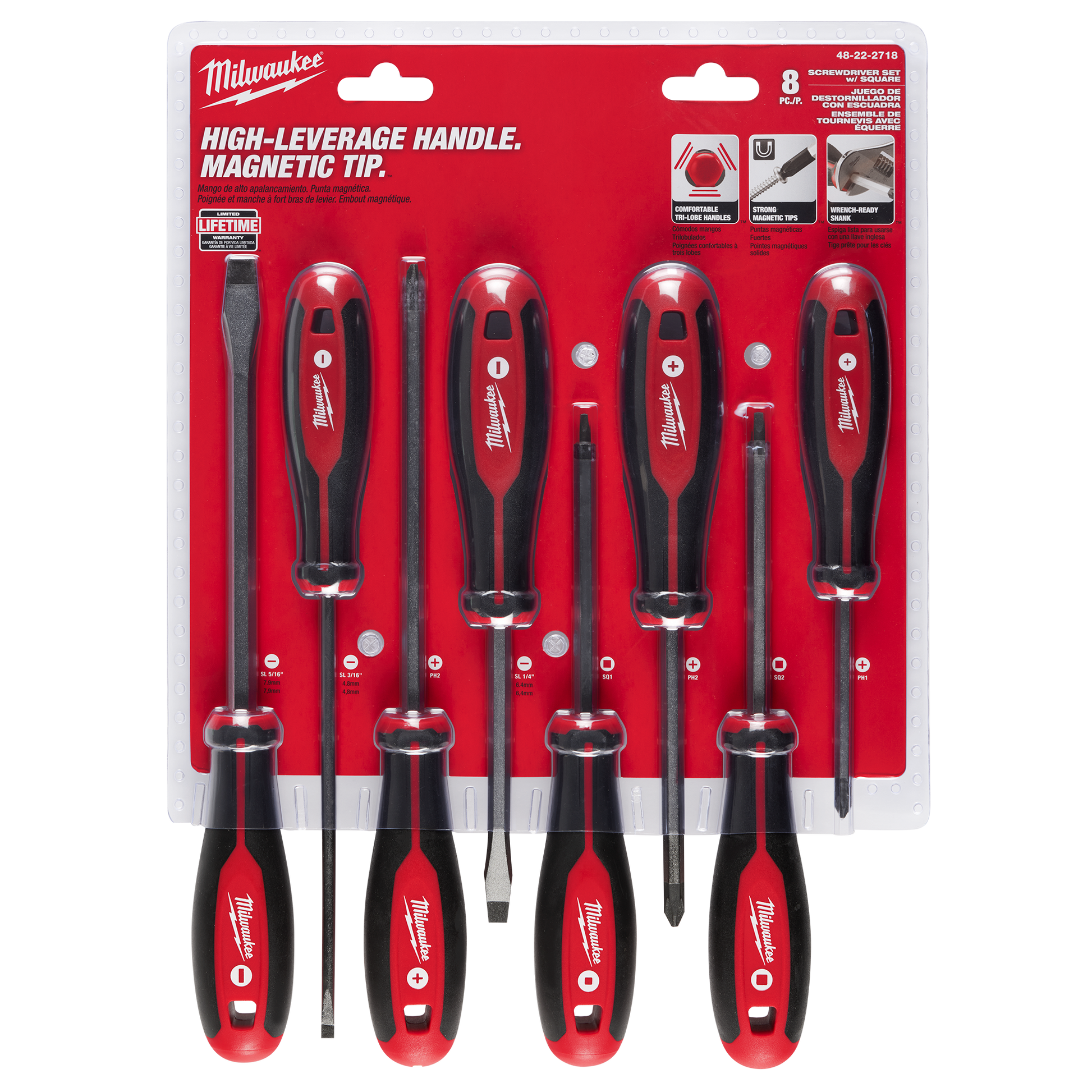 Set of eight red and black screwdrivers with magnetic tips and high-leverage handles for home improvement tasks