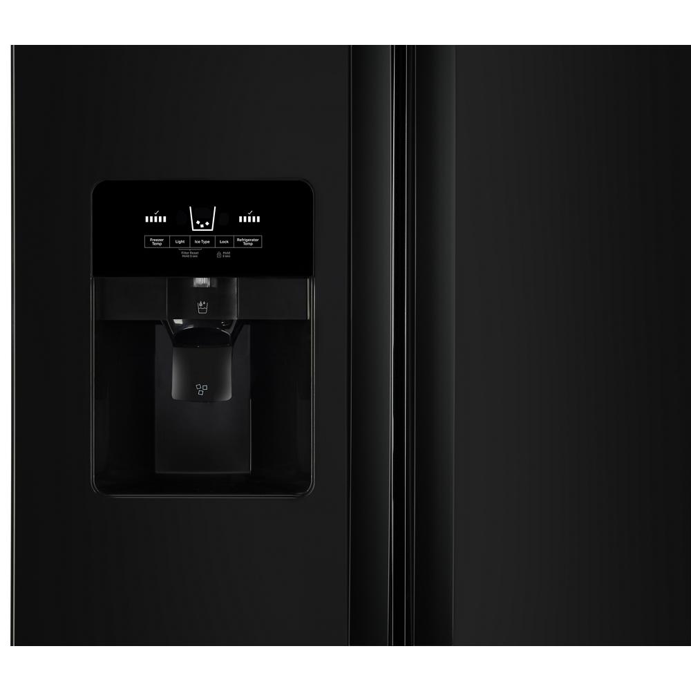 Black side-by-side refrigerator door with built-in water and ice dispenser from kitchen appliances collection