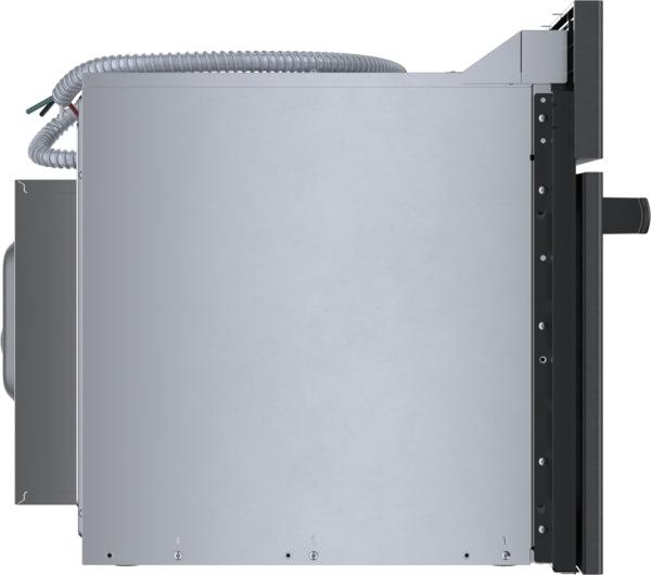 Side view of black stainless steel speed oven designed for built-in kitchen installation from Bosch appliances collection