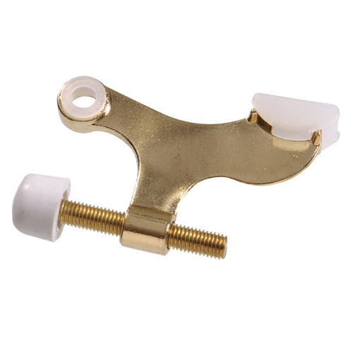 Brass hinge pin door stop with adjustable screw and protective rubber tips for door hardware and home improvement