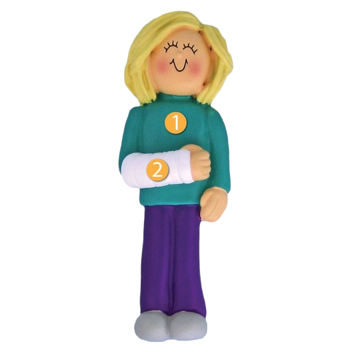 Blonde female ornament with arm cast wearing teal top and purple pants in Christmas ornaments under $50 collection
