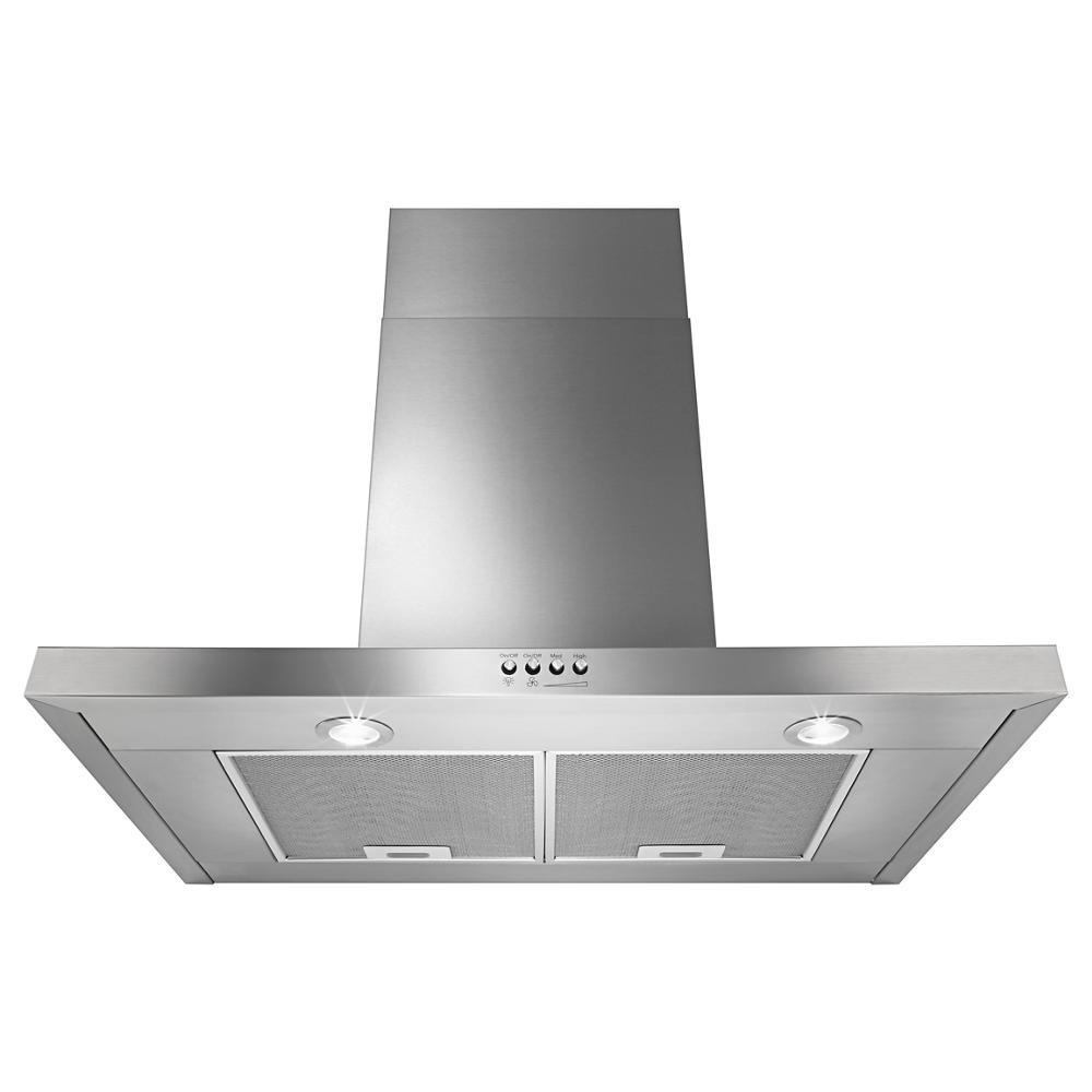 Stainless steel wall mount range hood with flat design, 3-speed controls, and LED lighting in kitchen appliances collection