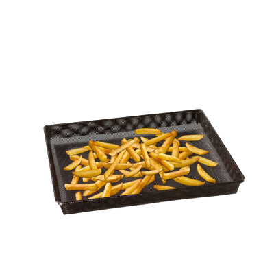 Compact black mesh crisper basket with golden fries, designed for kitchen gadgets and cookware under $50 collection