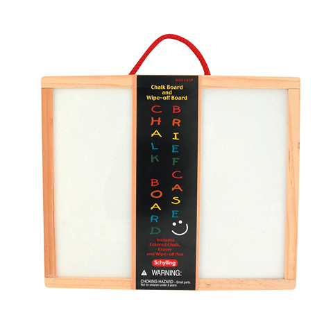 Wood-framed double-sided chalkboard and wipe-off board briefcase with red handle and included colorful chalk and marker