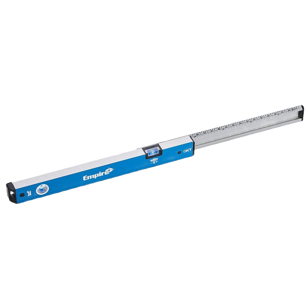 Blue extendable box level with integrated digital readout for precise measurements in woodworking and hand tools collections