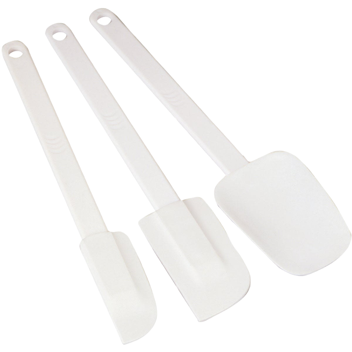 Set of three durable white plastic spatulas with 10-inch handles for versatile cooking in kitchen utensils collections under $50
