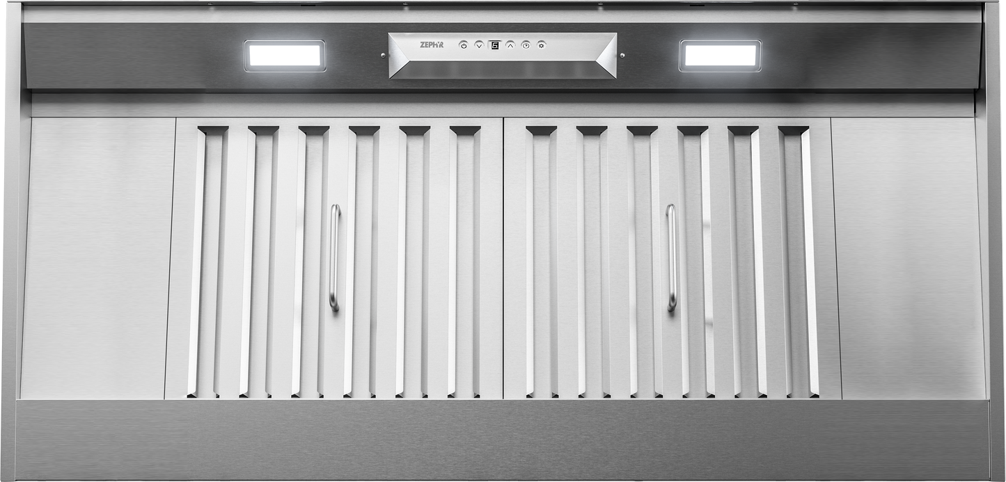 Stainless steel over the range hood insert with dual LED lights, control panel, and removable vent filters, part of Range Hoods and Kitchen & Kitchenware collections.