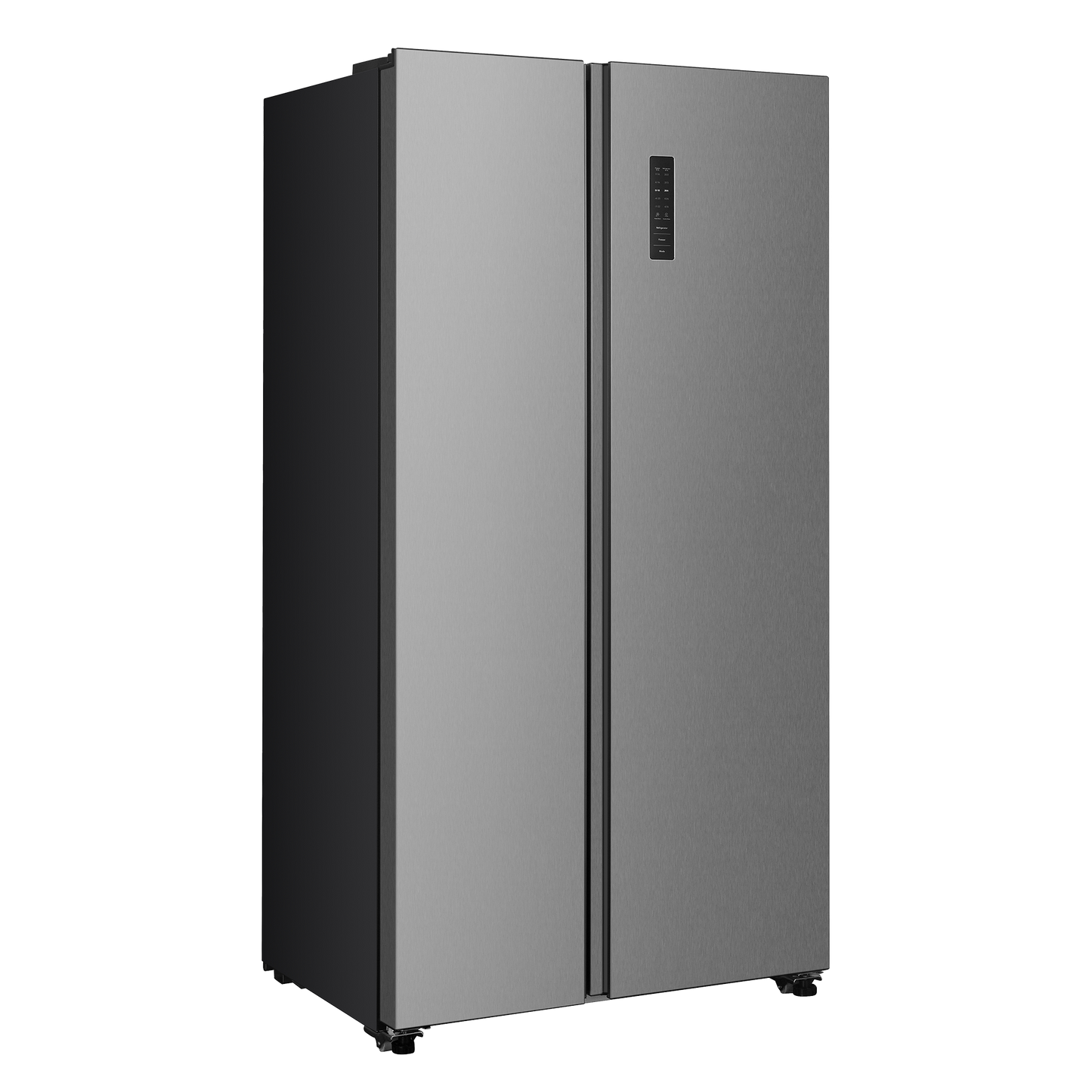 Sleek stainless steel side-by-side refrigerator with a digital control panel and recessed handles, ideal for kitchen appliances and refrigeration collections.