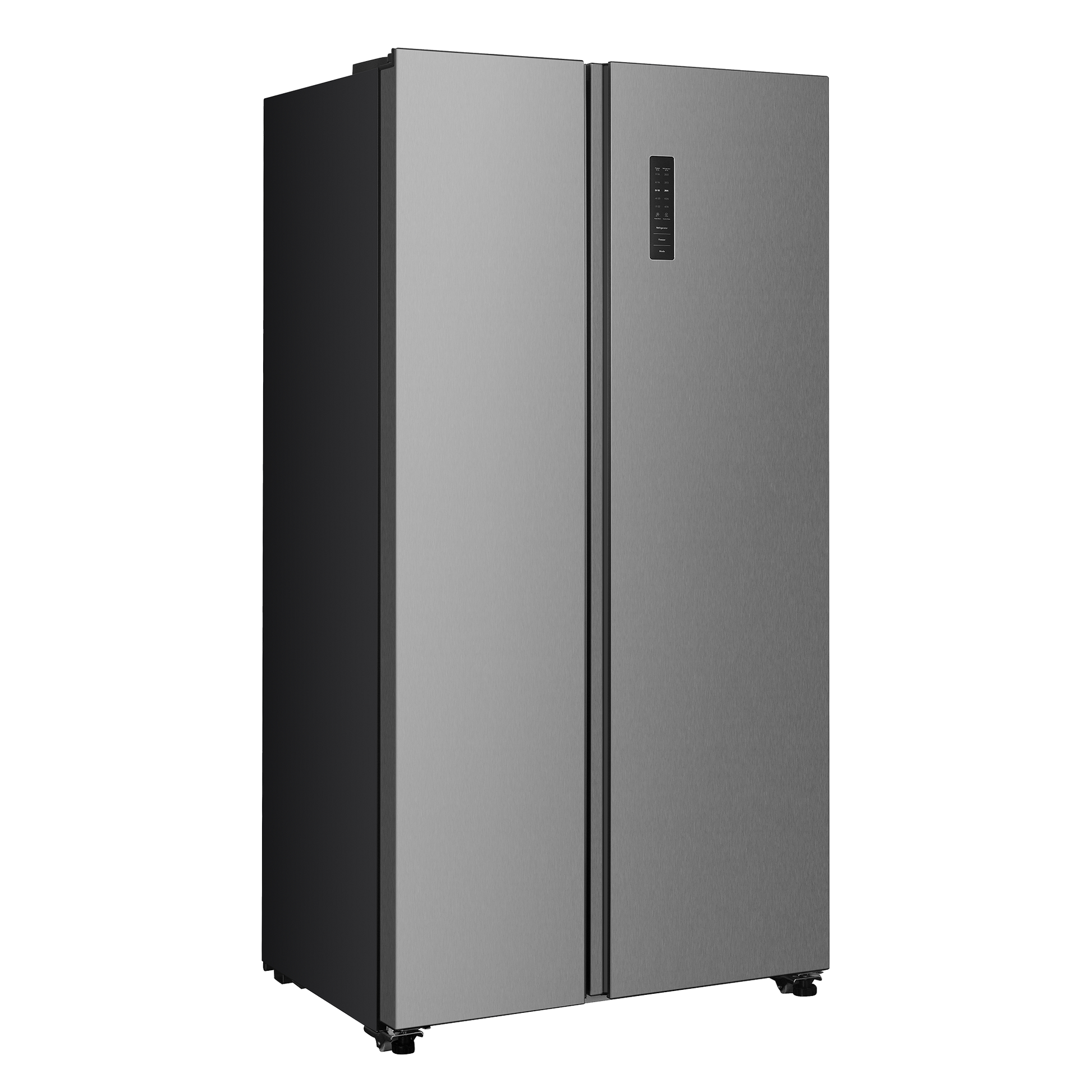 Sleek stainless steel side-by-side refrigerator with a digital control panel and recessed handles, ideal for kitchen appliances and refrigeration collections.
