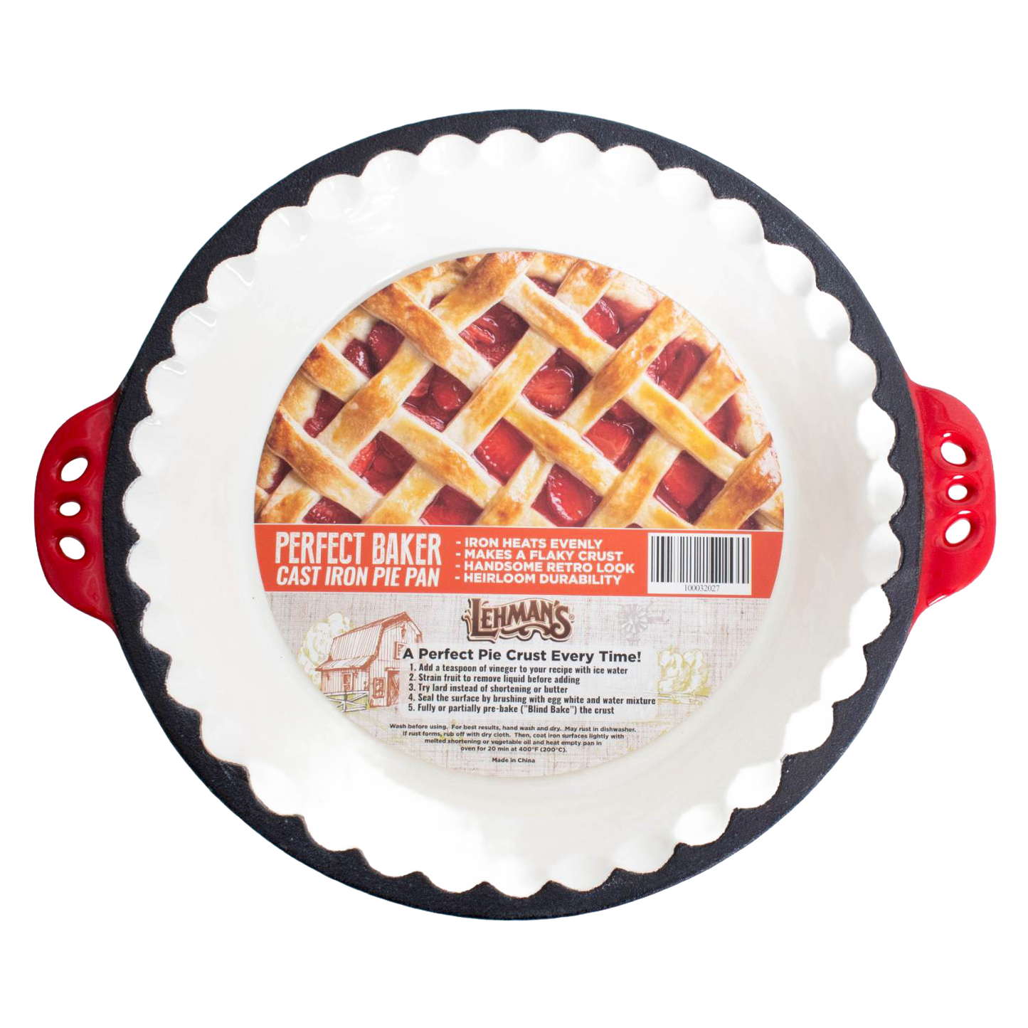 Cast iron pie pan with scalloped edges and red handles for kitchenware under $50 and all products collections