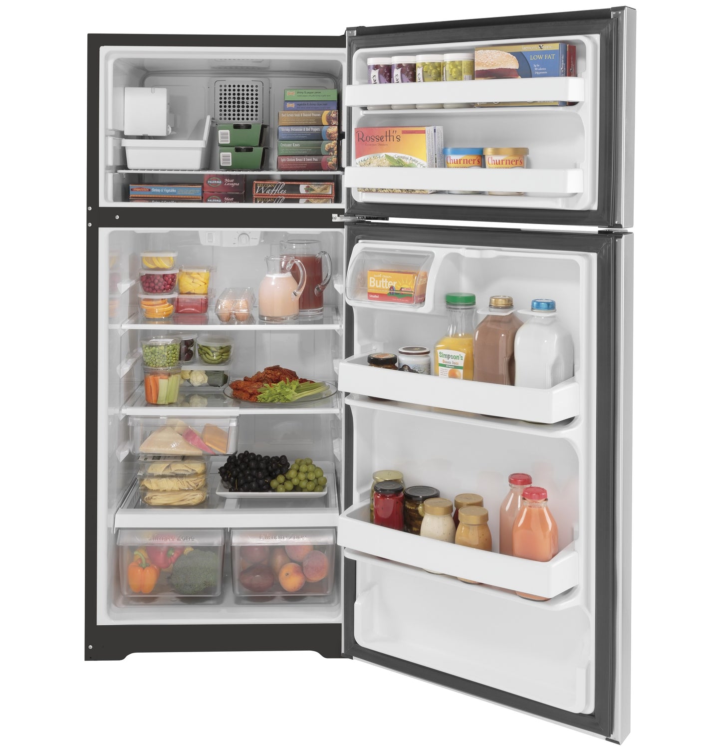 Open top-freezer refrigerator filled with various fresh foods and beverages in a kitchen appliances collection