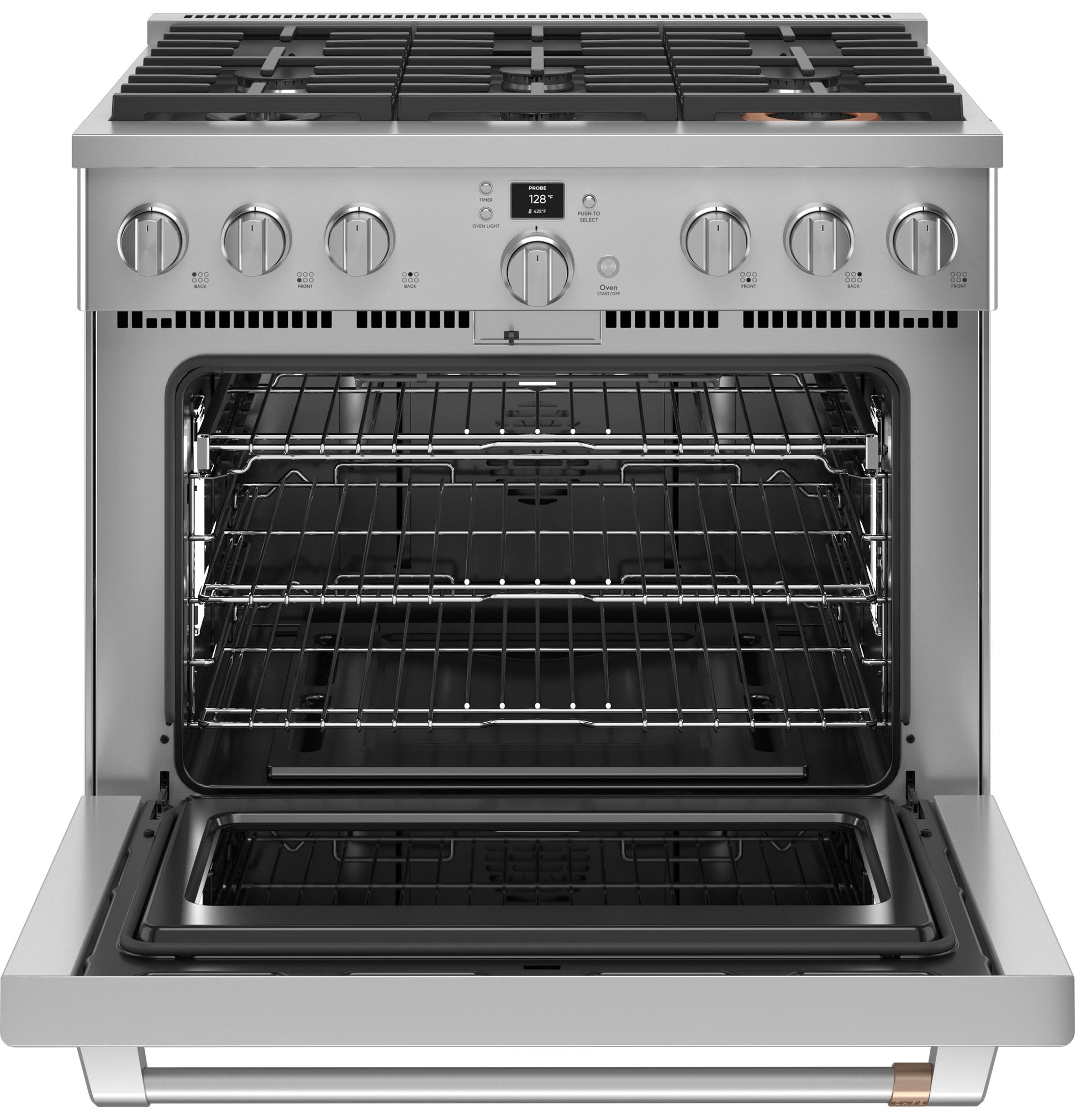 Open stainless steel gas range with six burners and digital display from Ranges & Kitchenware collections
