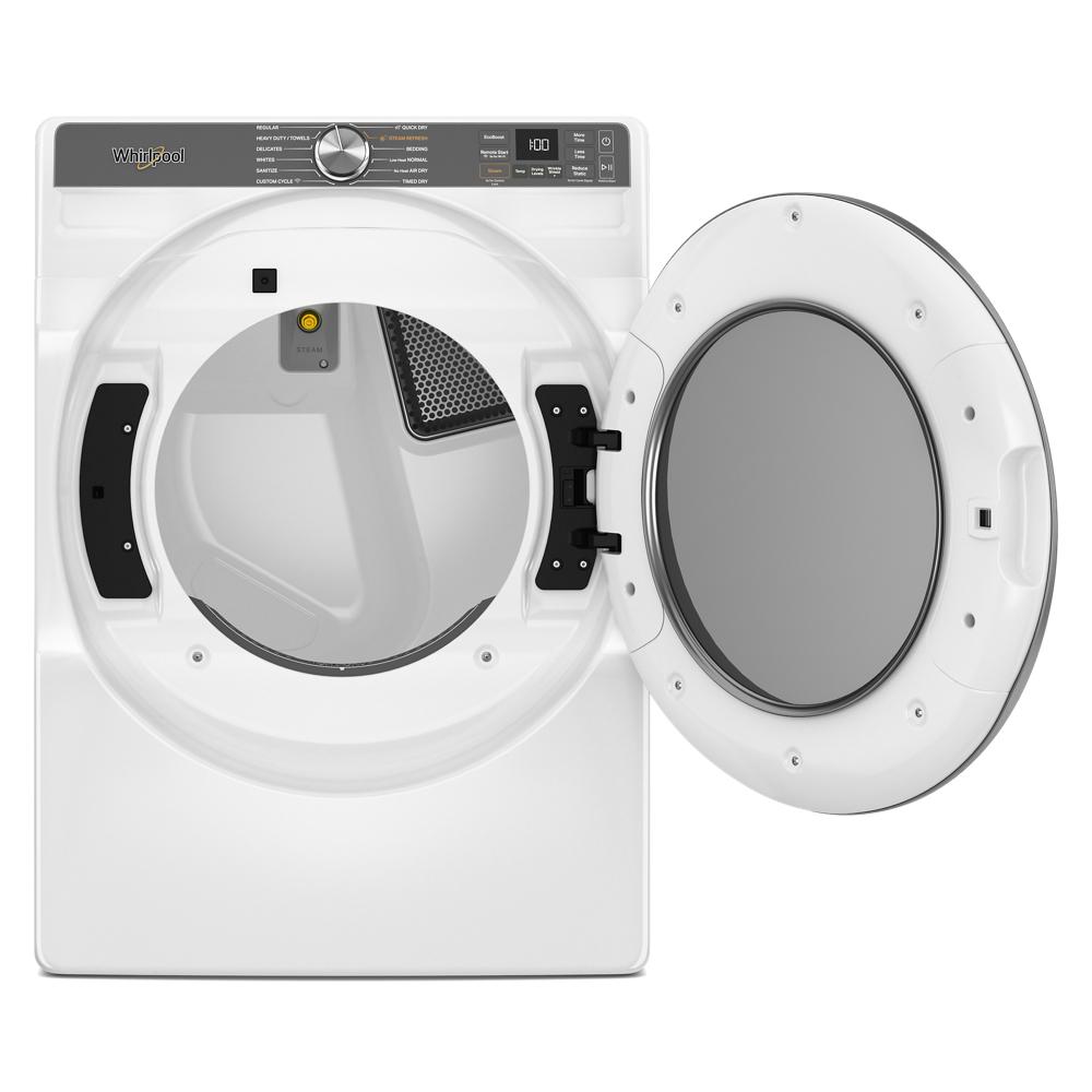 Front load white gas dryer with open door showing interior drum and control panel for drying clothes