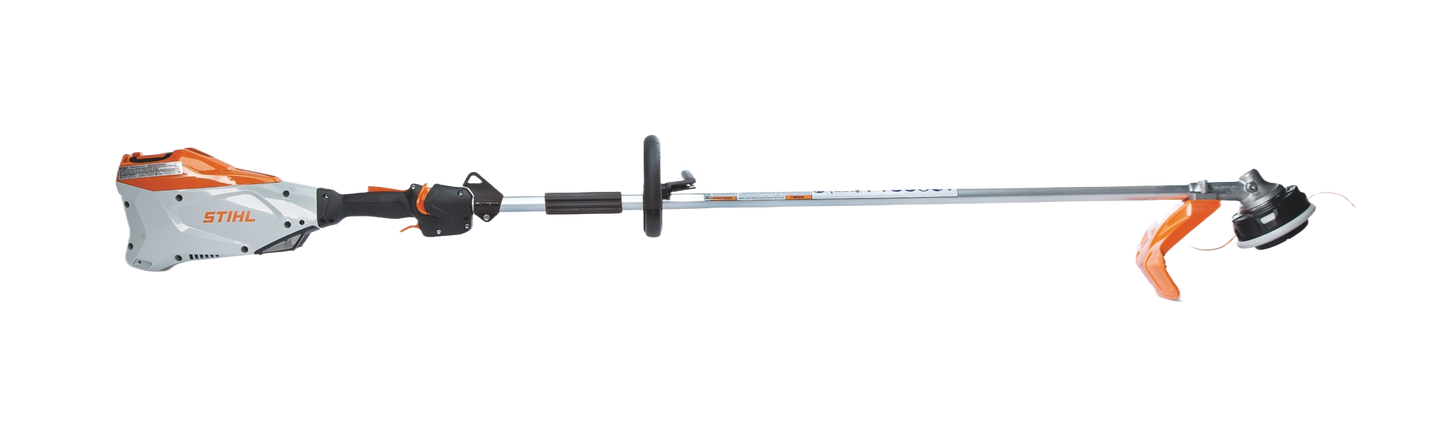 White and orange battery-powered STIHL trimmer with ergonomic handle and adjustable cutting head for garden maintenance tasks