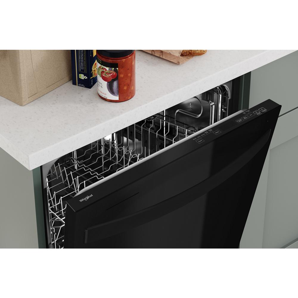 Partially open black stainless steel built-in dishwasher integrated into modern kitchen cabinetry from Appliances collection