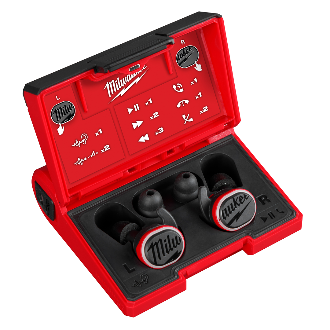 Red and black wireless earbuds in a branded red charging case with control instructions inside the lid for tools use