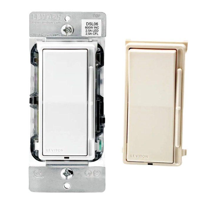 Leviton slide dimmer switch kit with white and ivory colors for adjustable lighting in home improvement projects