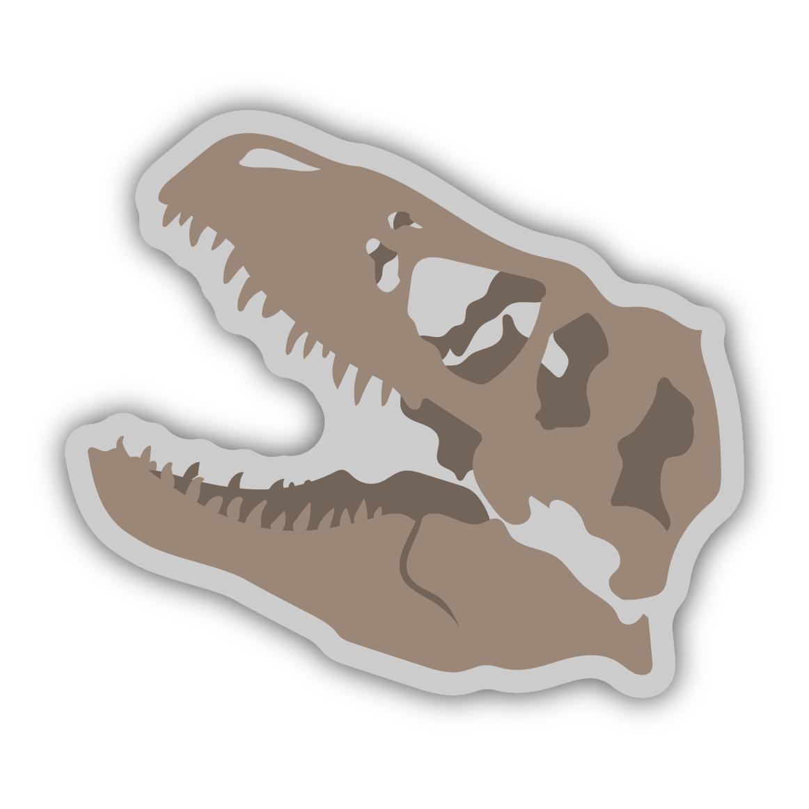 Brown and gray T-Rex skull illustration sticker with realistic teeth and bone details on transparent background