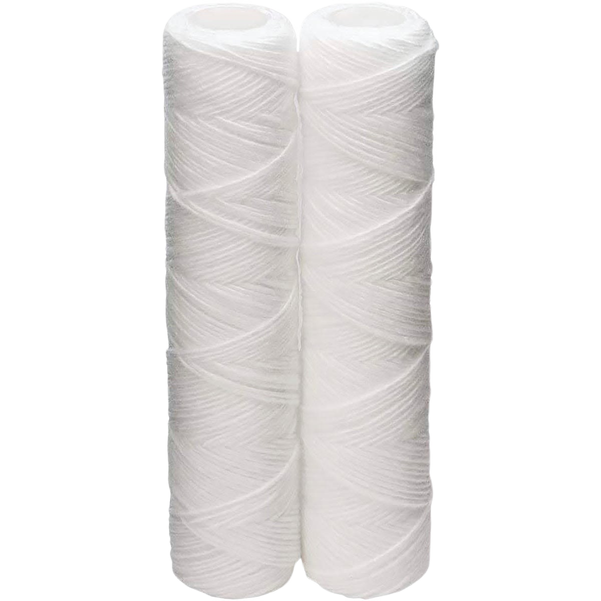 Two white sediment water filter cartridges made with tightly wound fiber for water purification.