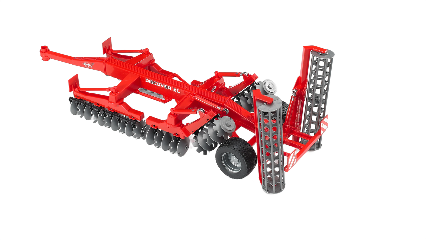 Red agricultural disc harrow attachment with folding sections and black soil-cutting discs for farm equipment simulation
