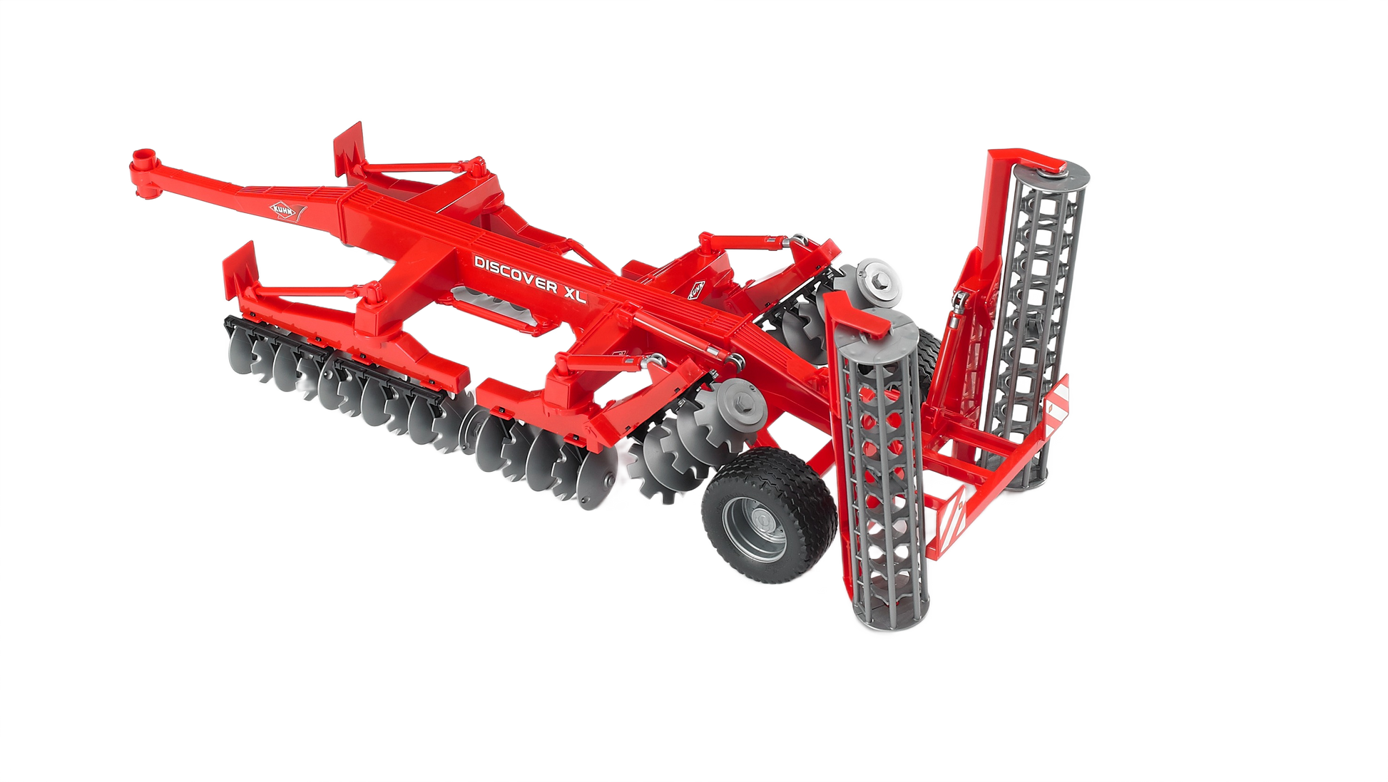 Red agricultural disc harrow attachment with folding sections and black soil-cutting discs for farm equipment simulation