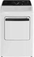 White top load gas dryer with electronic controls and reversible door, featured in a modern appliance collection setting