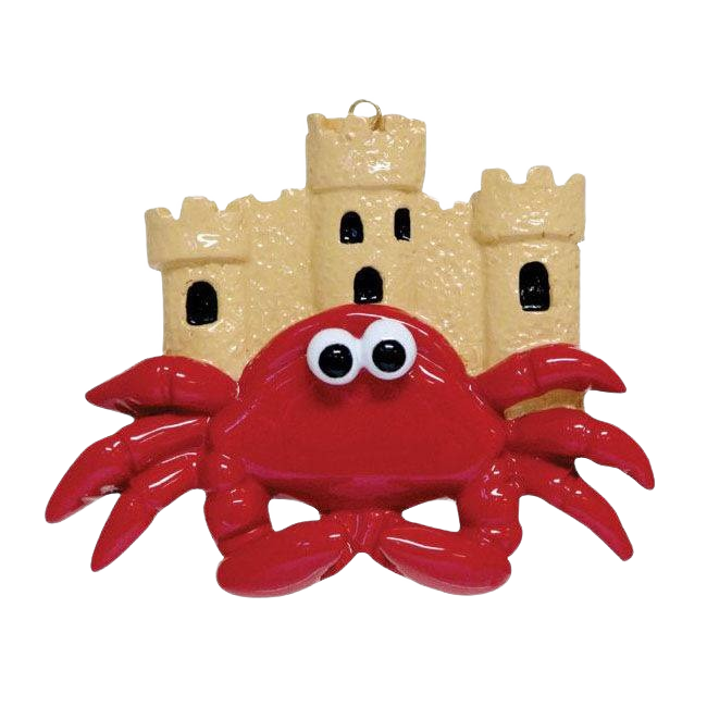 Bright red crab ornament with large eyes in front of beige sandcastle for Christmas Ornaments & Tree Decorations under $50 collection