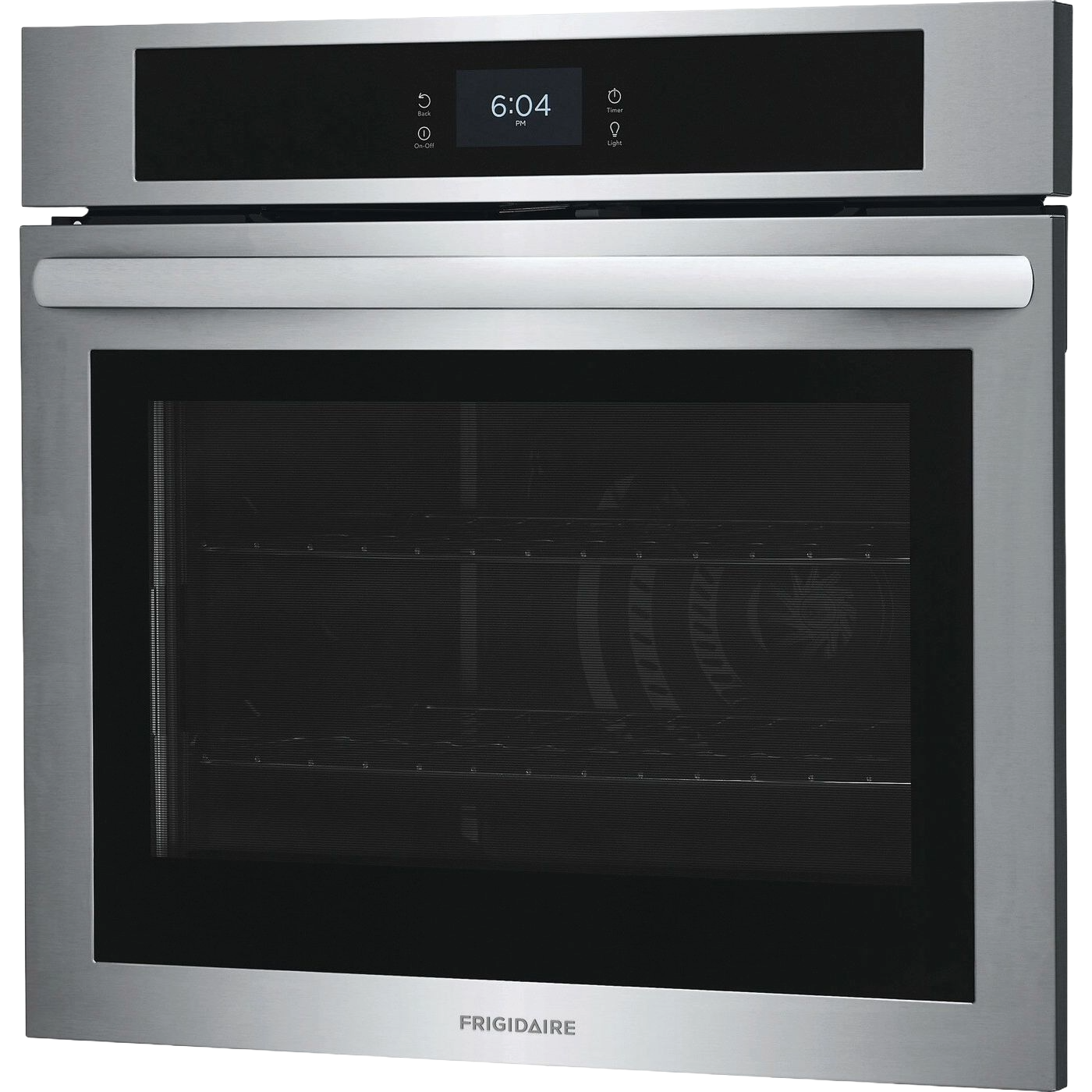 Stainless steel electric wall oven with digital touch controls and large glass window for multi-rack baking in kitchen appliances