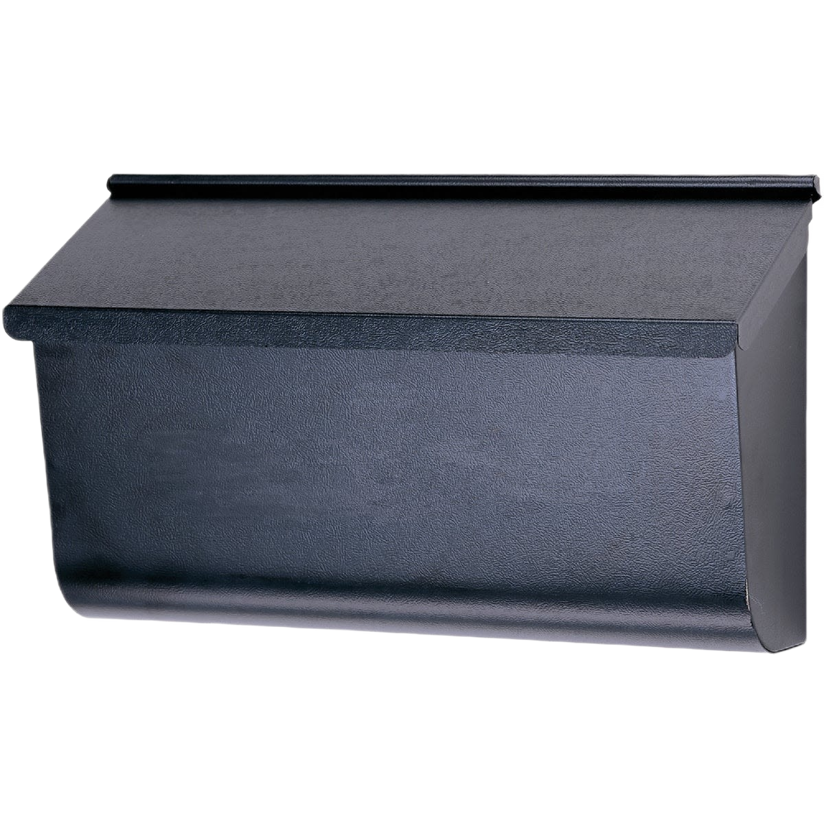 Black wall mount mailbox with slanted top and curved front panel for residential mail delivery and home improvement use
