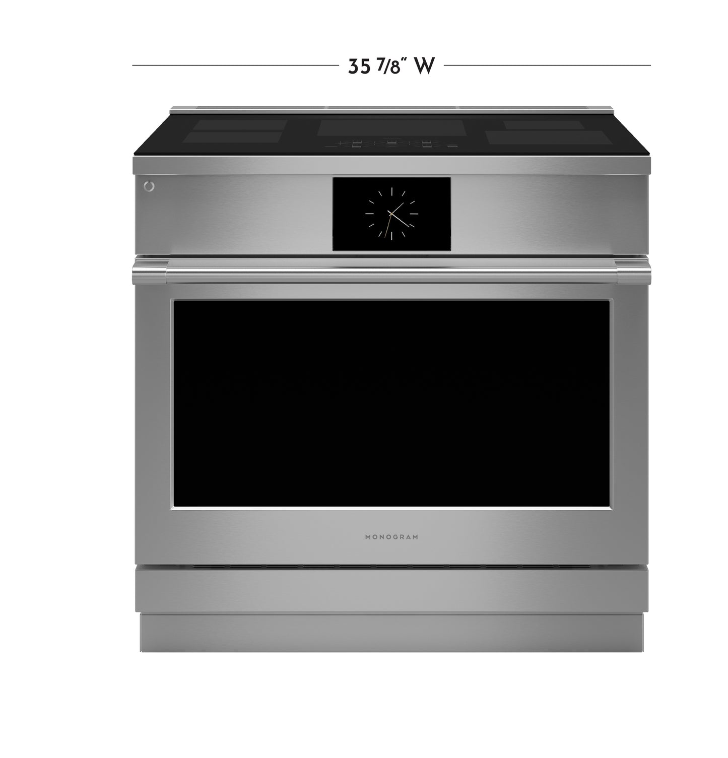 Front view of stainless steel induction range with digital clock and smooth cooktop from kitchen appliances collection
