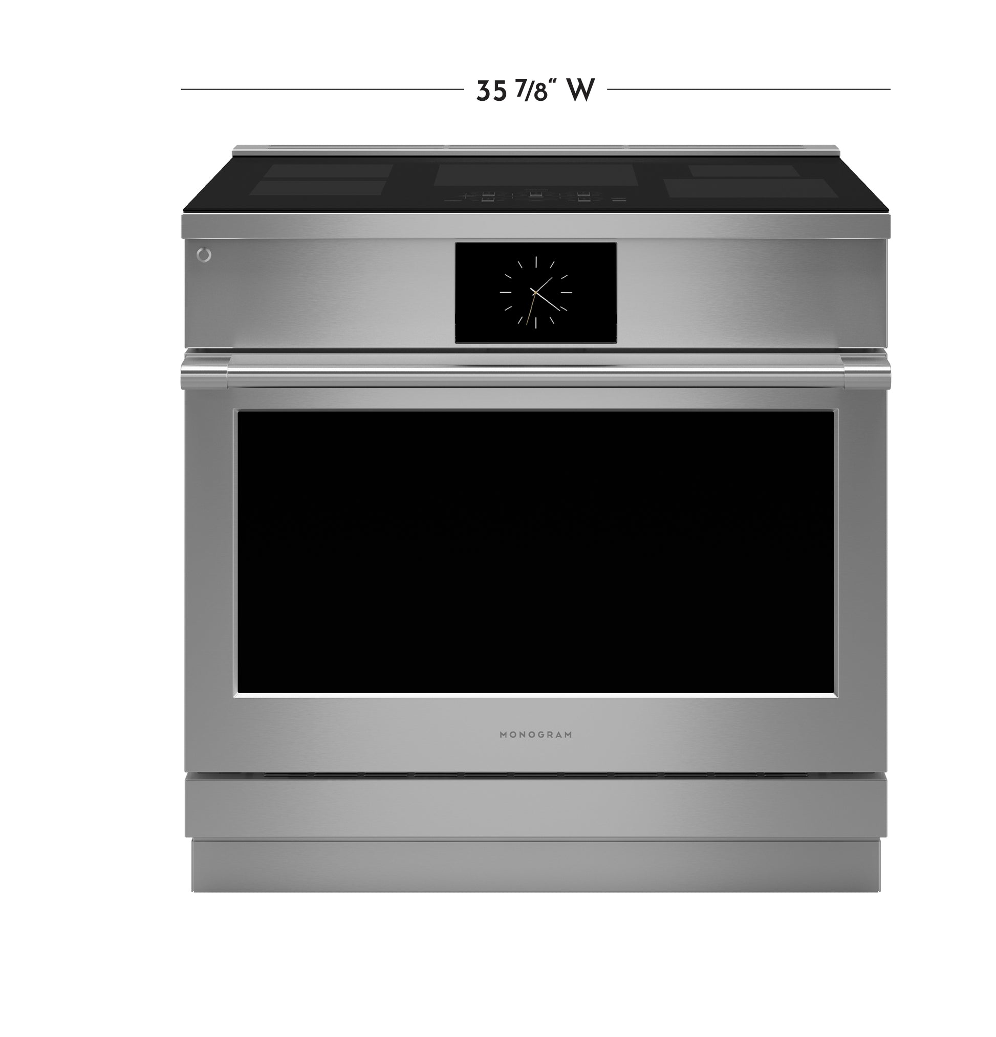 Front view of stainless steel induction range with digital clock and smooth cooktop from kitchen appliances collection