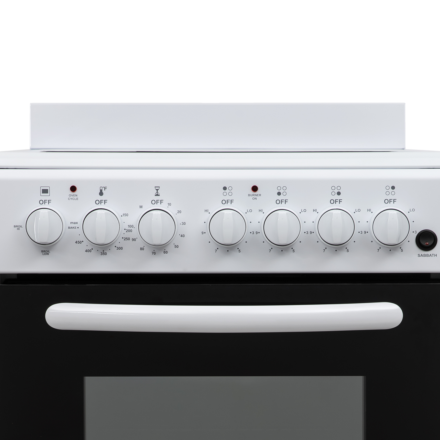 White electric range control panel with six knobs and indicators, part of kitchen and appliance collections