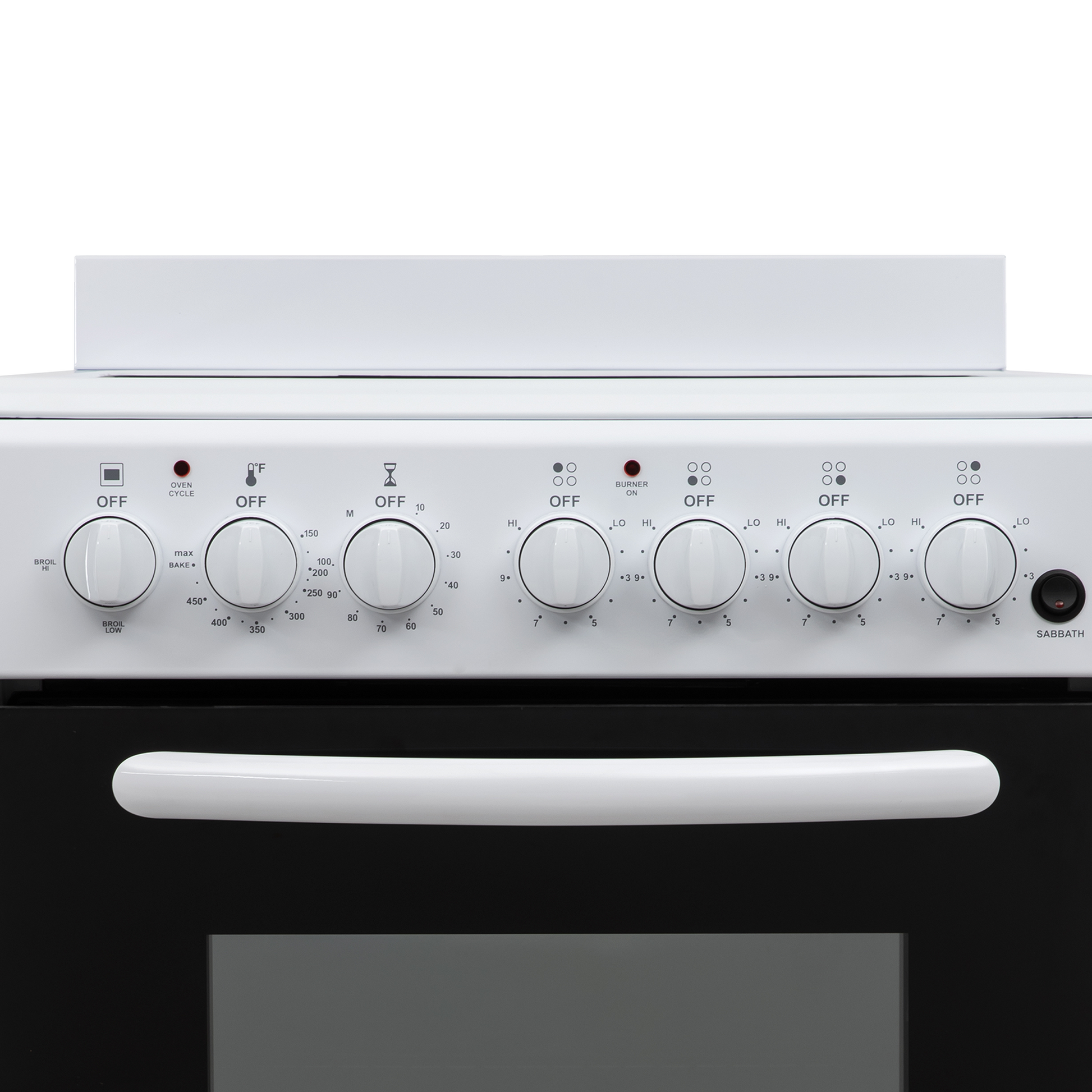 White electric range control panel with six knobs and indicators, part of kitchen and appliance collections